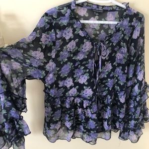 Floral printed shear blouse with a navy tank